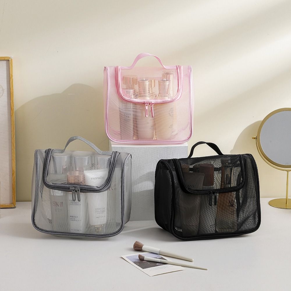 

Zipper Transparent Makeup Bag Solid Color Handheld Makeup Pouch Portable Mesh Cosmetic Bag Outdoor розовый