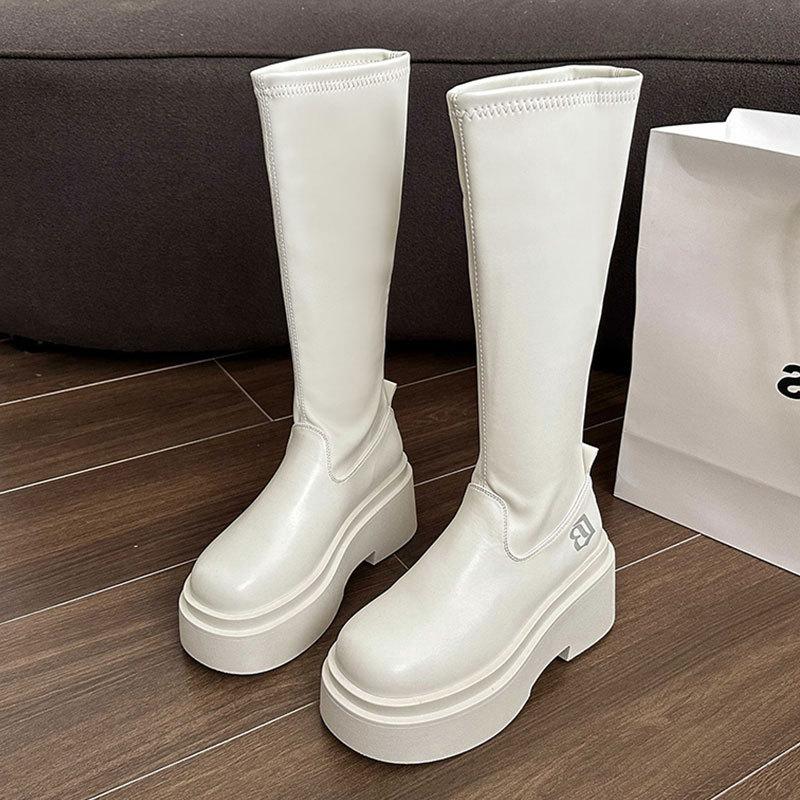 

Ботинки в европейском и американском стиле эластичные тонкие ботинки толстая подошва увеличивающие рост маленькие длинные ботинки до колена ботинки рыцаря Spice Girl 40 белый