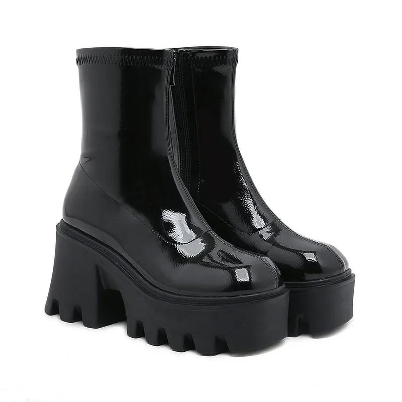 Fashion 9cm Female Platform Wedges Boots Black Autumn Ankle Boots For Women High Heels Ladies Leather Shoes Back Zipper High Quality