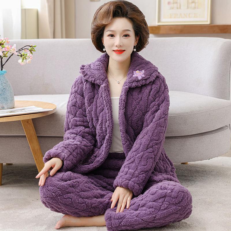 Autumn Winter Women's Padded Thick Coral Fleece Coat and Pants Two-piece Warm Pajamas Set Loungewear