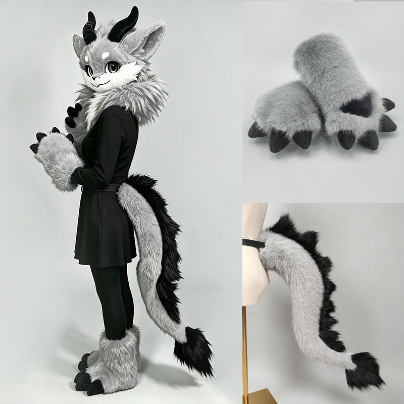 Furry Dragon Paw Gloves Cosplay Costume Accessory Soft Plush Animal Hand Prop Anime Convention Performance