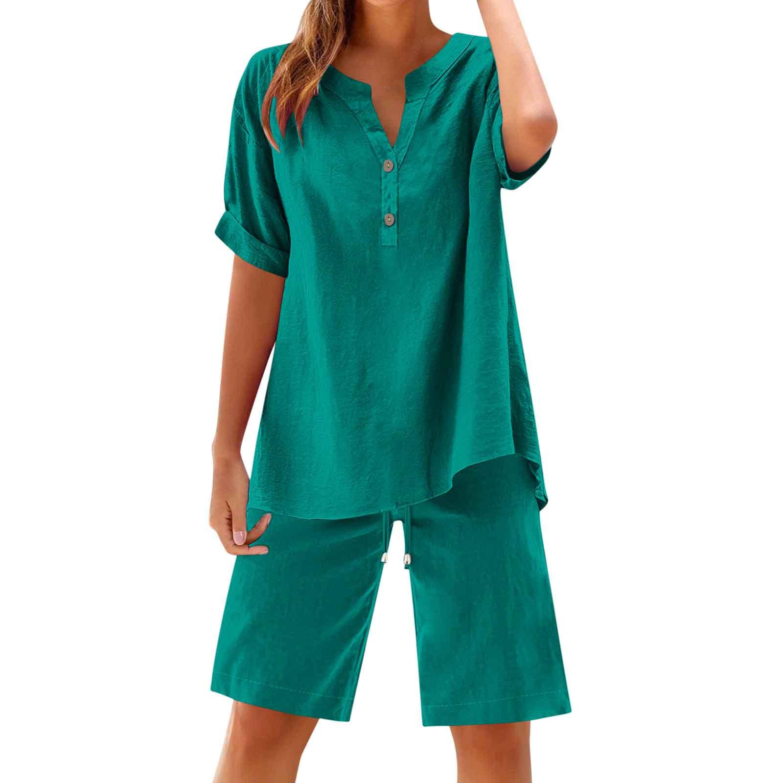 

2-piece Set With Women s Shorts, Matching, For Relaxing, Airport, Travel, Vacation, Beach, Suit With Pocket M зелений