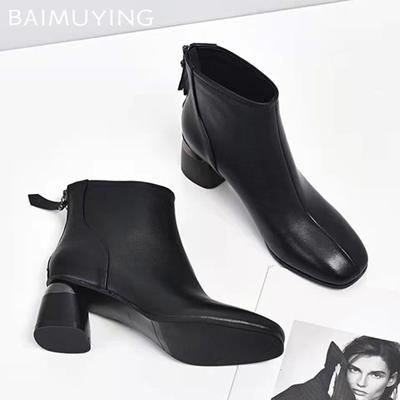 Stiefeletten Leder Winter Damenschuhe Eckige Zehen Hohe Absätze Designerschuhe 2025 Trend Klassische Klobige Pumps Chelsea Botas Mujer
