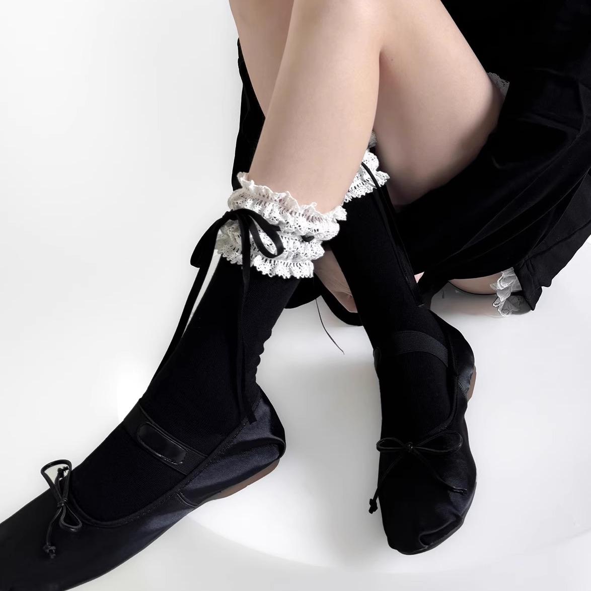 

Wide Lace Ribbon Ballet Socks for Women Summer Thin Cotton Bow Mid Tube Socks Lolita Style Cute Breathable Daily Versatile Socks