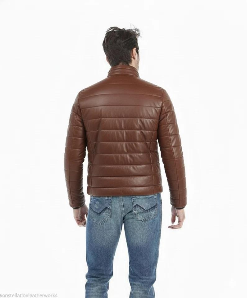 Men's Leather Handmade Puffer Jacket Brown Motorcycle Stylish Casual Soft Lambskin Biker