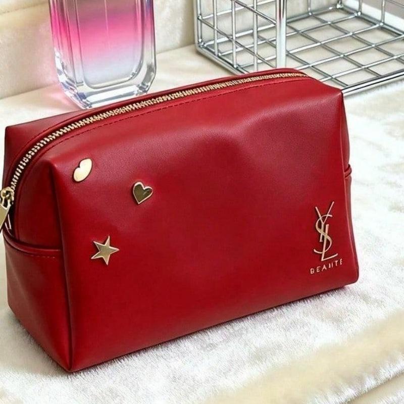 ​YSL Red Cosmetic Pouch with Gold Star Embellishments Lady Handheld Clutch Daily Essentials Organizer Pouch​