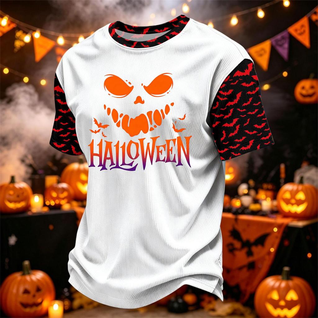 Men's Casual Corduroy Round Neck Lightweight Breathable Short Sleeve Top Halloween Print Lettering Design
