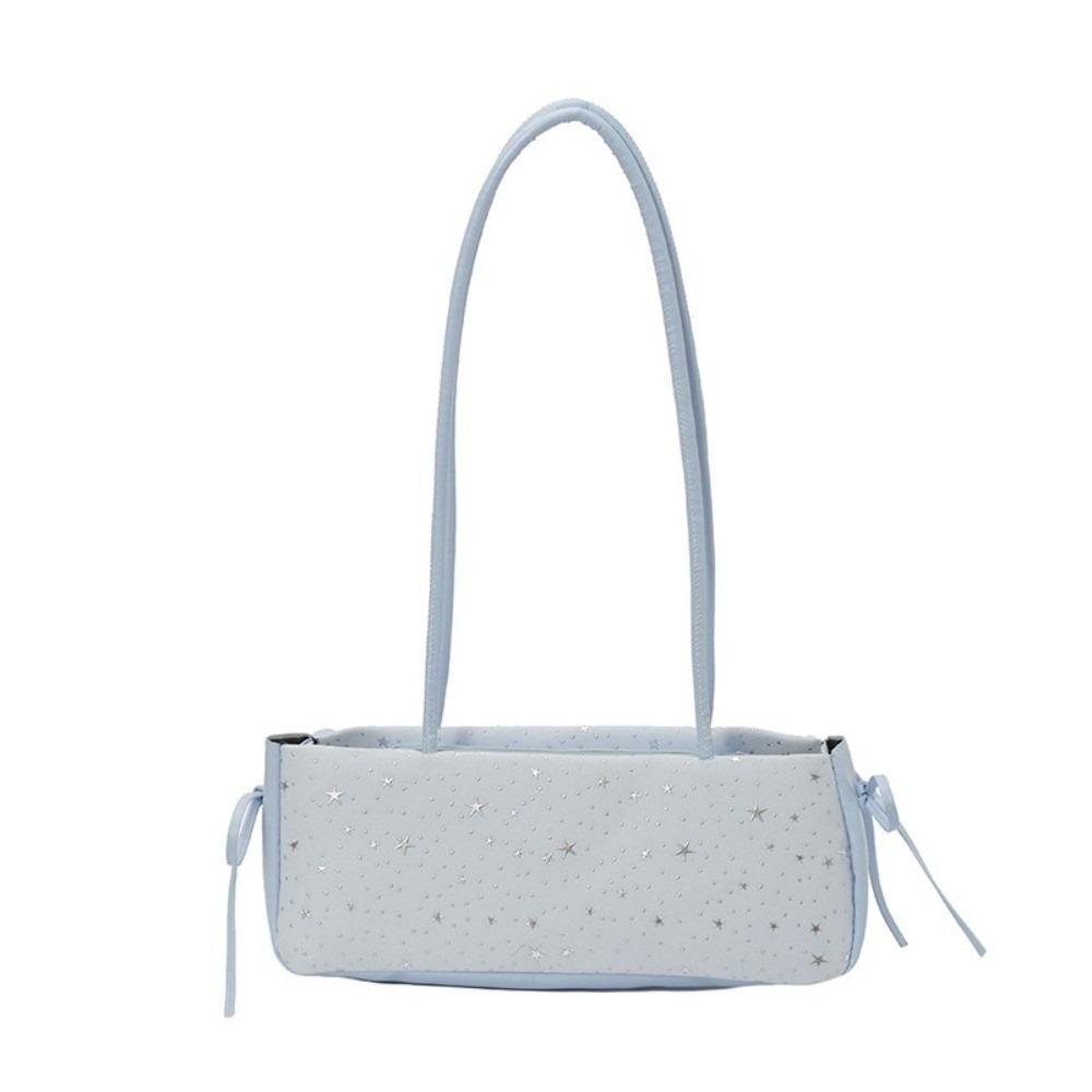 Solid Color Star Pattern Shoulder Bag Bow Decoration Square Bag French Stick Underarm Handbag  Work синий