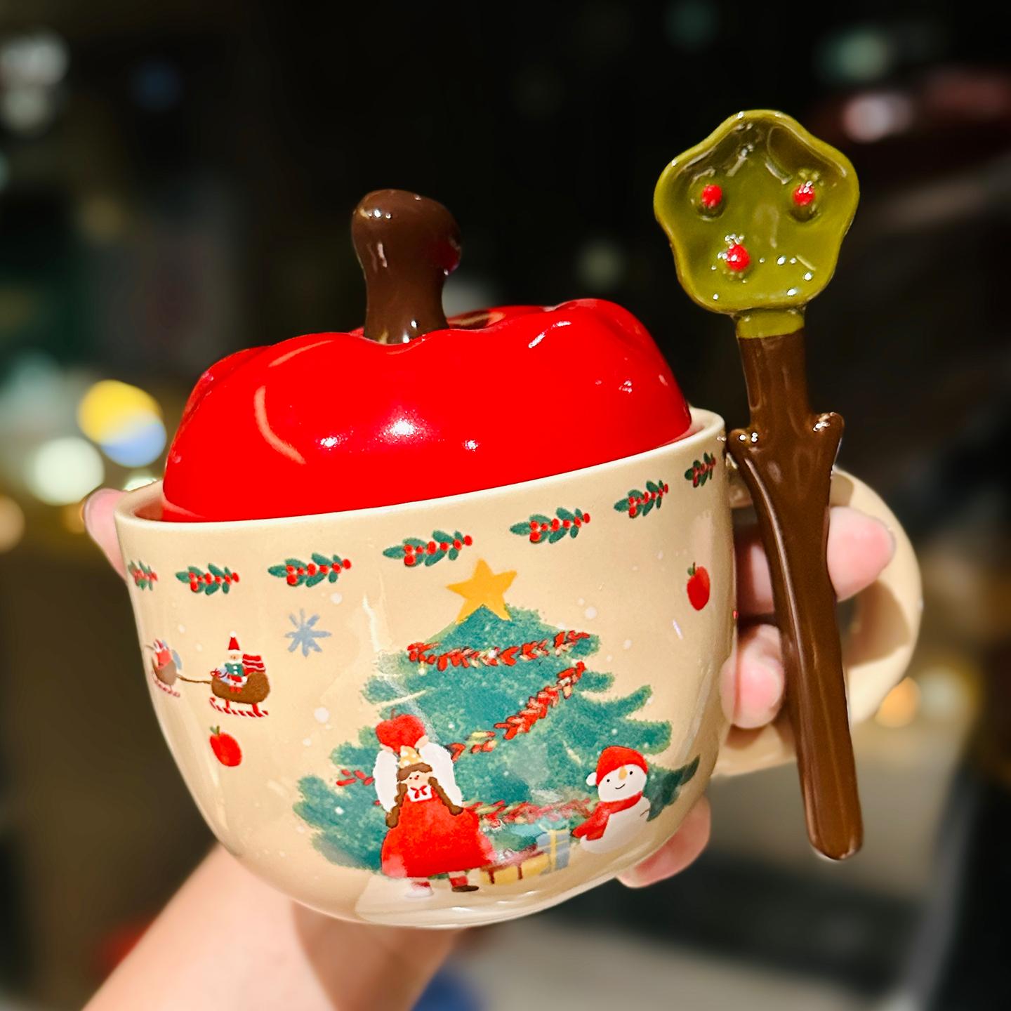 

Cute Christmas Apple Ceramic Mug, Gift Box with Lid Spoon Kawaii Cup, High-quality Milk Coffee Mugs, Birthday Gift Tea Cup,420ml 420ML