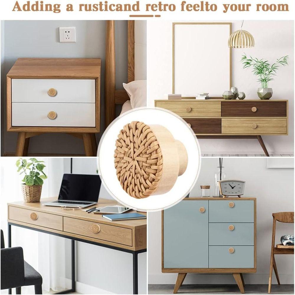 Furniture Hardware Wooden Handles Dresser Pulls Round Wardrobe Handle Rattan Drawer Knobs  Home