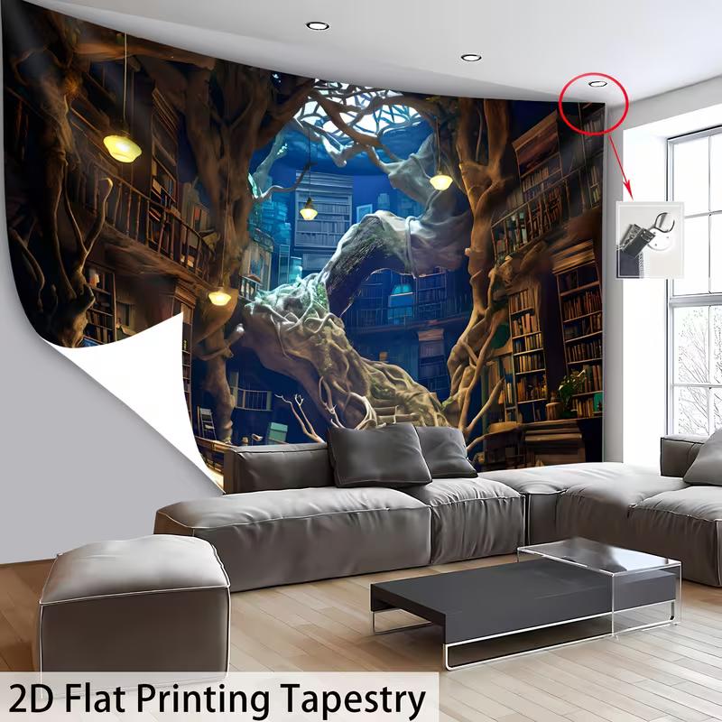 2D Dark Academia Tapestry Magical Tree Library In Enchanted Forest Wall Hanging