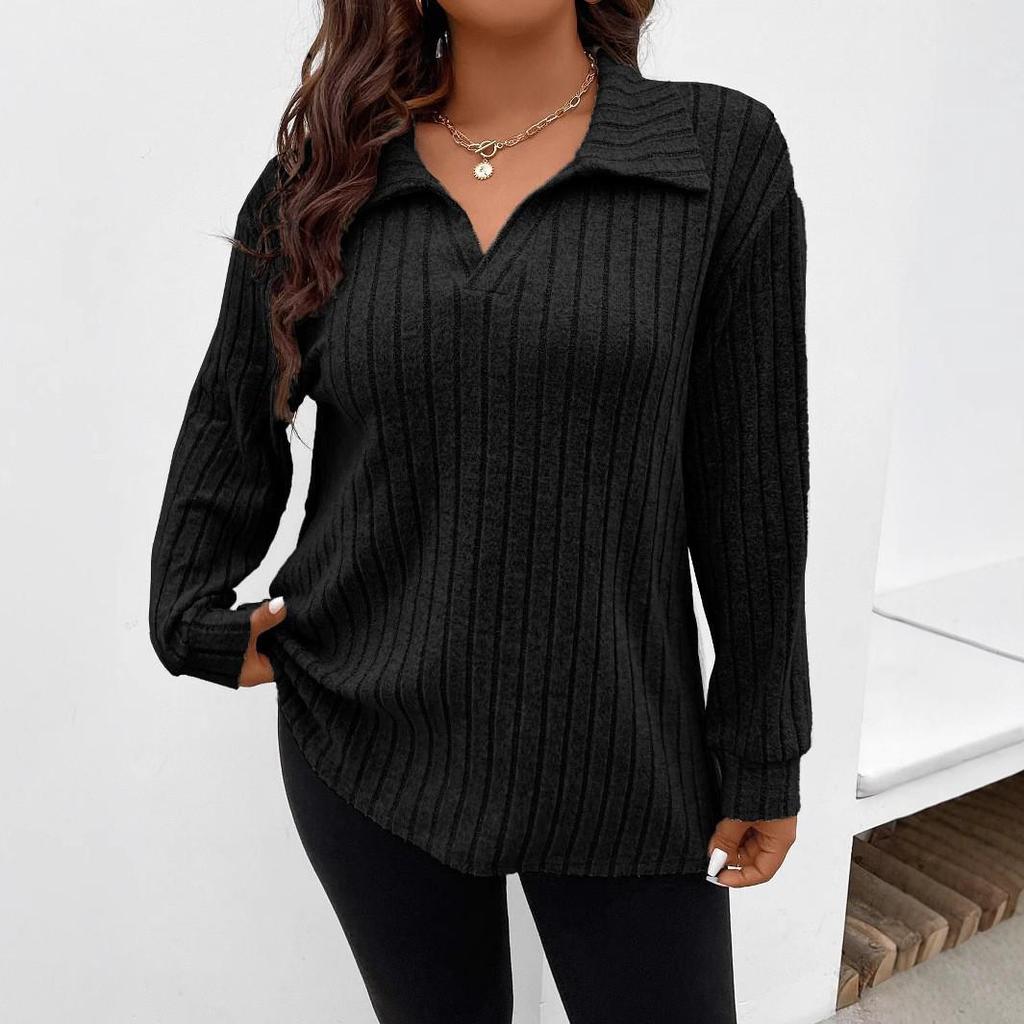 2025 Autumn/Winter Women's Plus Size V-Neck Ribbed Brushed Long Sleeve Top