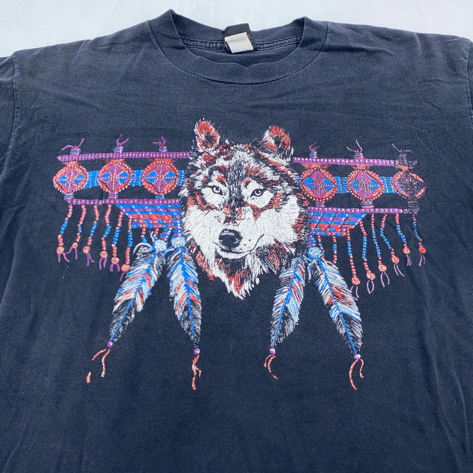 vintage 90s WOLF NATIVE AMERICAN DREAM CATCHER NATURE T-Shirt LARGE soft 4XL