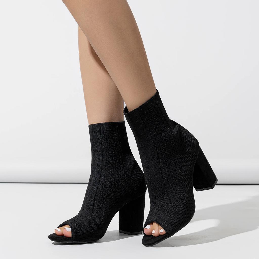 Autumn Ladies Short Boots Fashion Open Toe Stretch Knit Black High Heel Ankle Boots Women Party Dancing Shoes