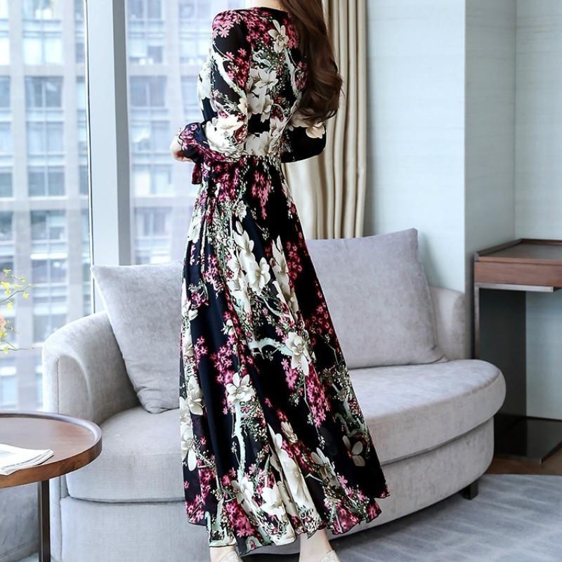 Langermet V-halskjole Kvinner Høst Slim Fit Lang A-linje stort skjørt