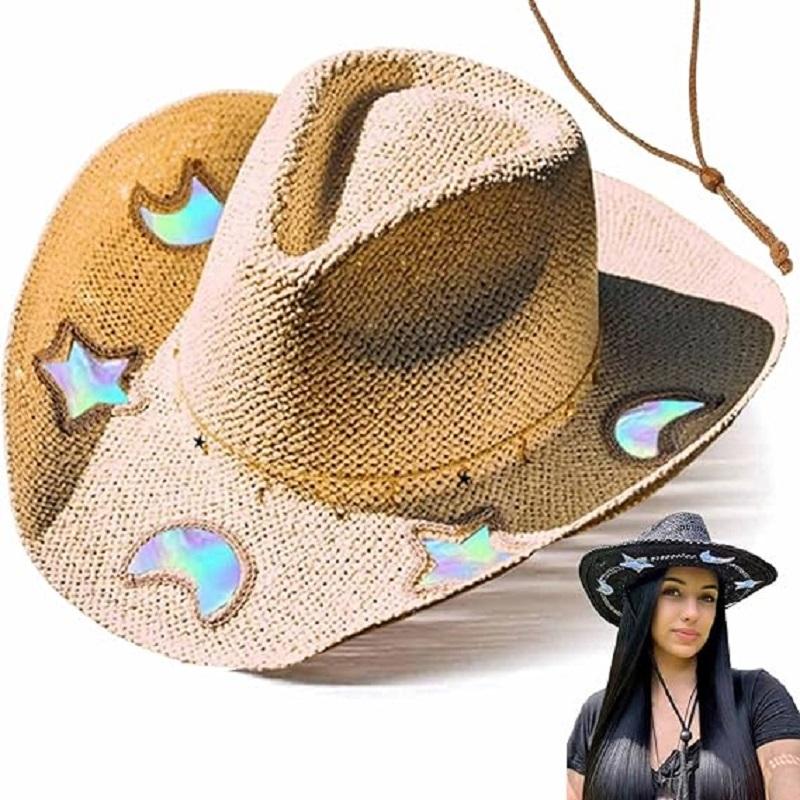 

Suncatcher Western Cowgirl Hat Summer Beach Bohemian Straw Hats Moon Star Sequin Vintage Cowgirl Jazz Hat Holidays Party Hat Cap