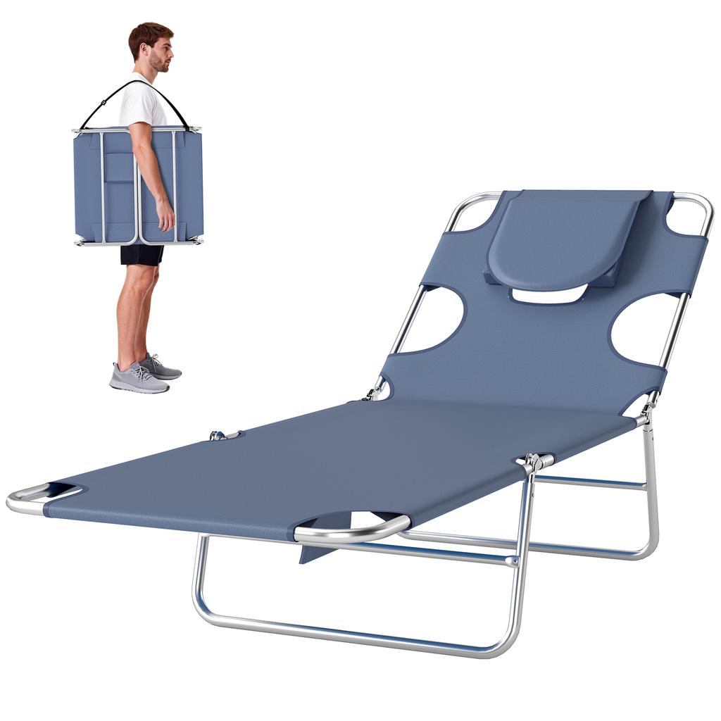 5 Position Adjustable Sun Lounger With Reading Hole And Side Pocket Grey