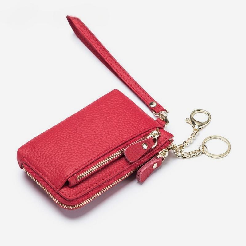 Dame PU Læder Dobbelt Lynlås Møntpung Håndledsrem Pung Stor Kapacitet Kortindehaver Nøglepung Lille Clutch Taske med Nøgleringsrem