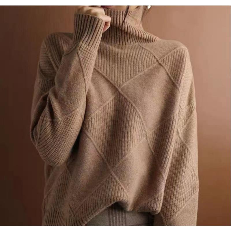 Suéter de cuadros de diamantes tridimensionales con cuello alto para mujer, diseño de otoño e invierno, sentido del ocio, prendas de punto de nicho