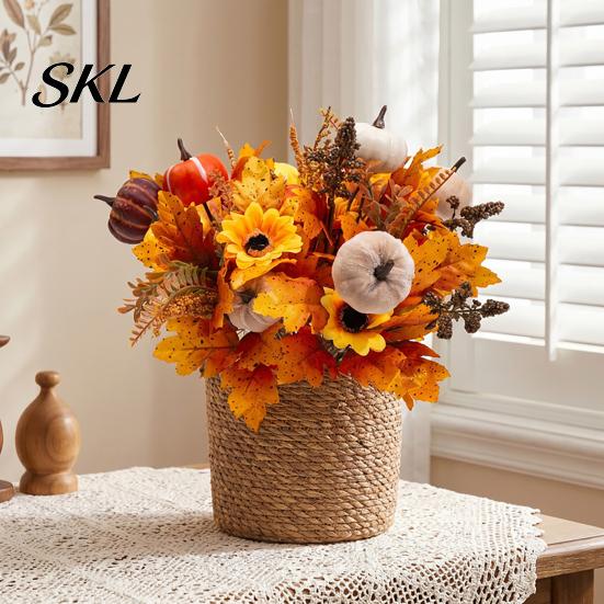 Rustic Autumn Floral Display Artificial Fall Bouquet with Fabric Pumpkins Maple Leaves Wheat Berries, Home Decor for Thanksgiving Centerpieces,