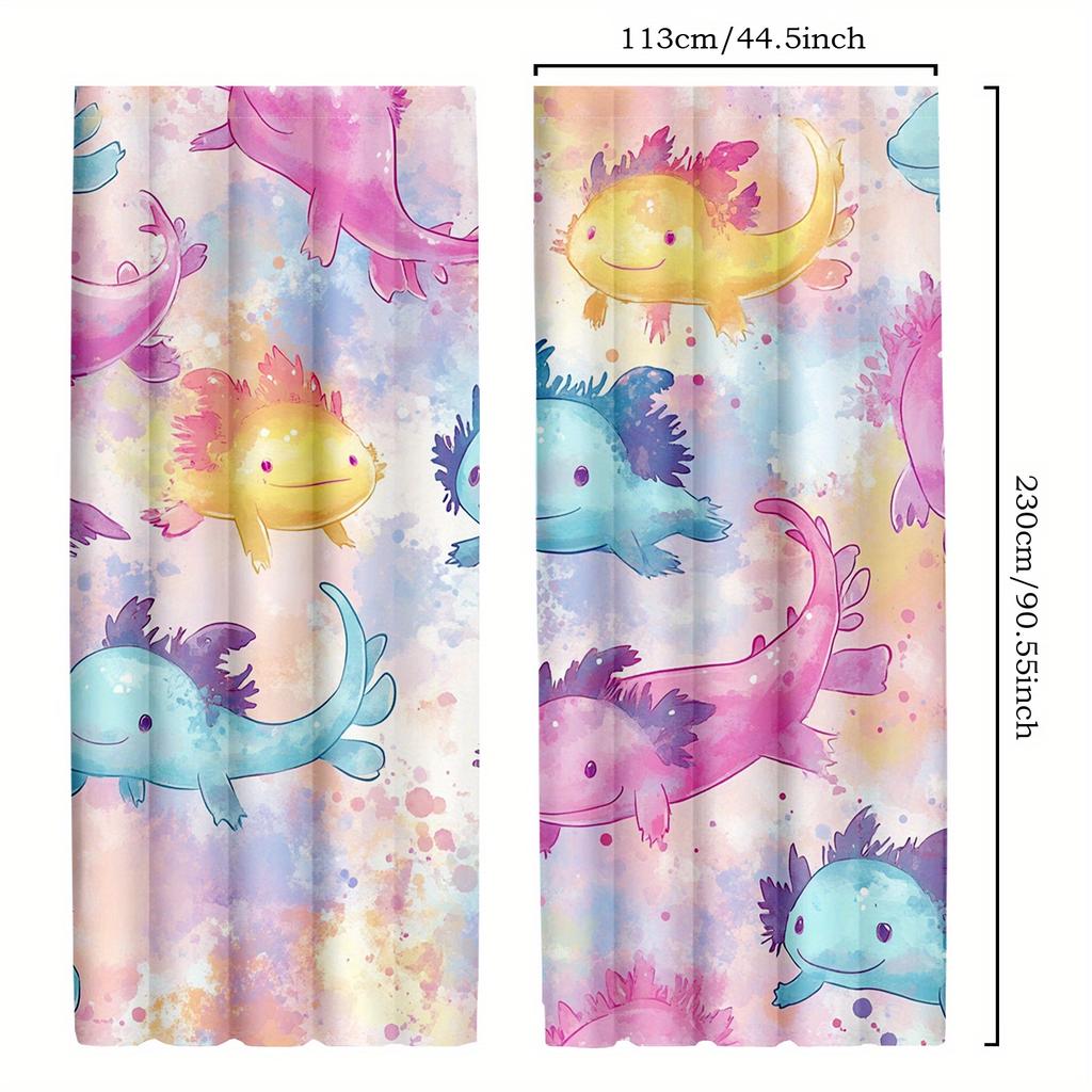 2pcs Kawaii Axolotl Blackout Curtains   Colorful Tie Dye Salamander Design Drapes