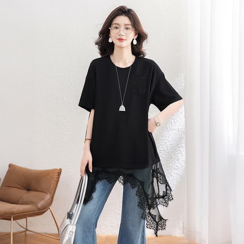 Women's Asymmetric Lace Patchwork Loose Short-Sleeve T-Shirt