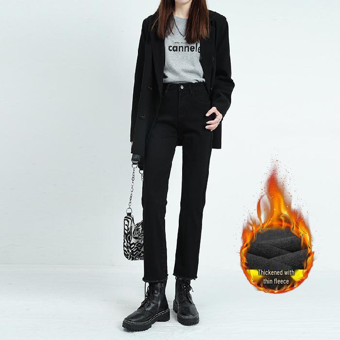 2025 Winter High-Waisted Black Frayed Straight Jeans: Velvet Lined, Loose Stretch Fit for Women