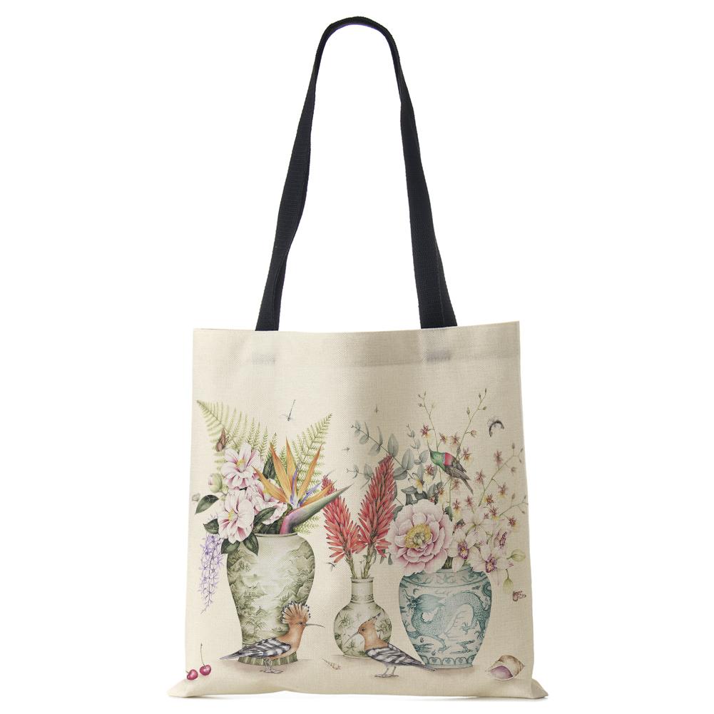 Plant Flowers Shopping Tote Bag Women Canvas Print Shoulder Bag Reusable Harajuku Large Capacity Travel School Handbag CLE