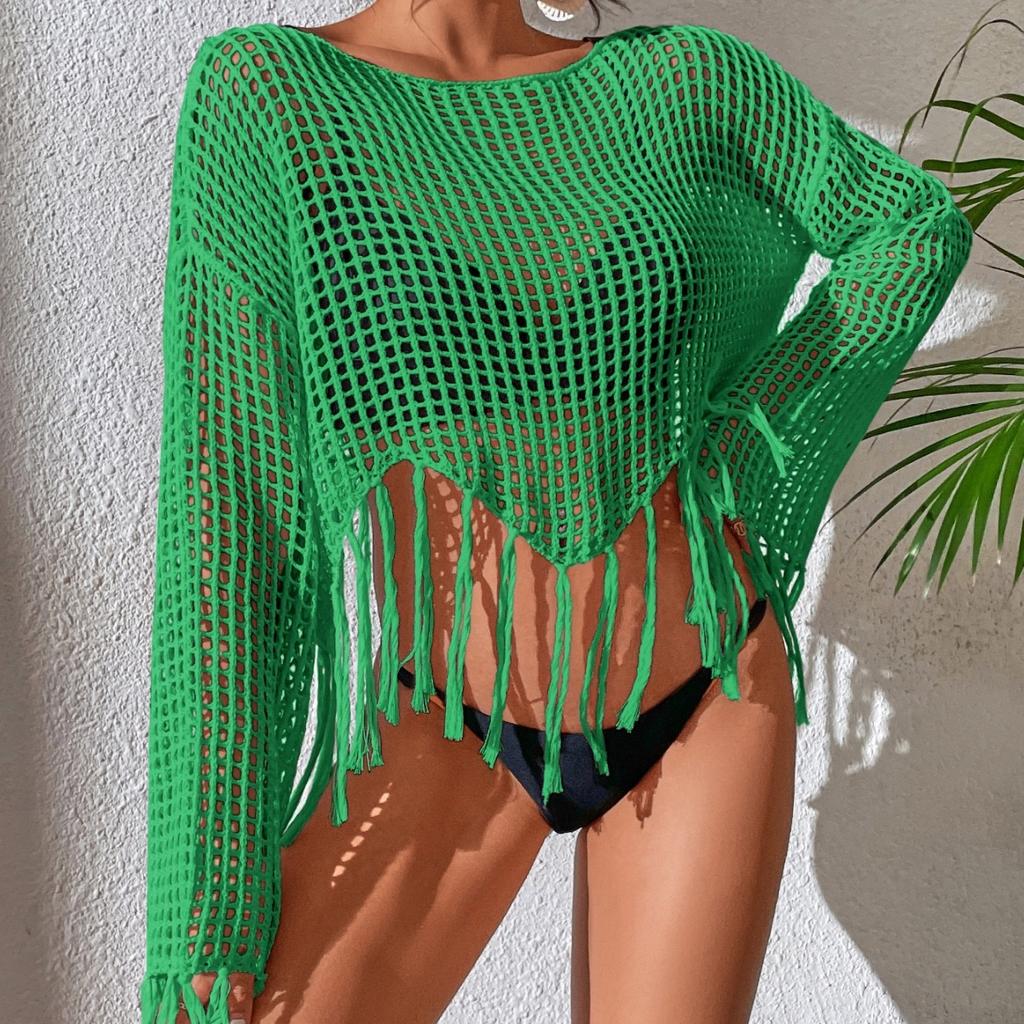 Summer Pullover Short Hollow Out Knitwear Tassel Long Sleeve Loose Cover Up Layering Casual Slimming Top Women
