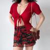 American Spicy Girl Rose Print Mesh High-Waisted Bodycon Mini Skirt for Women