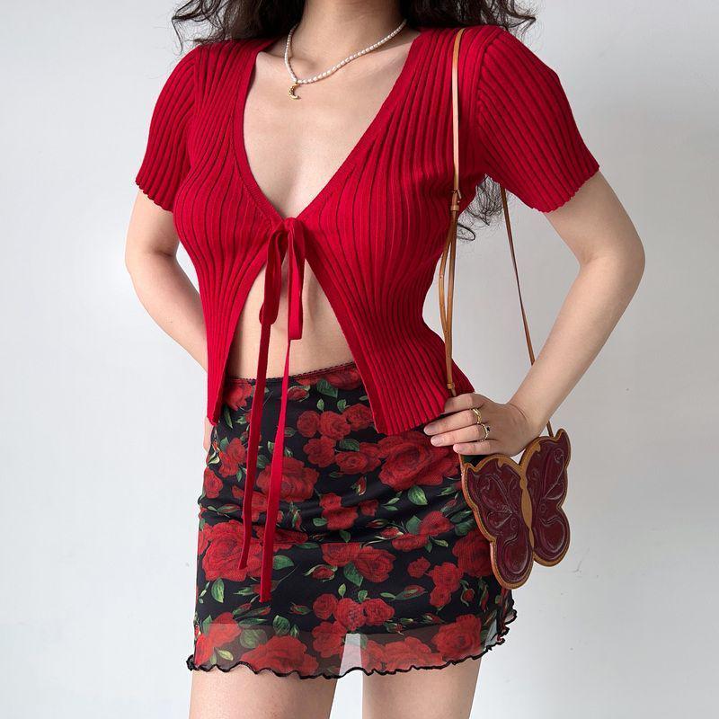 American Spicy Girl Rose Print Mesh High-Waisted Bodycon Mini Skirt for Women