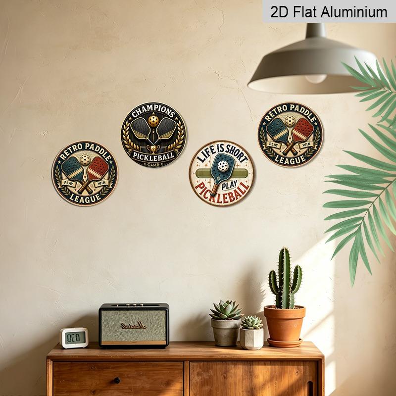 2D Flat, 4Pcs Retro Pickleball Aluminum Round Hanging Sign Set, Pickleball Paddle Champion Club Metal Wall Pendant, Garage Bar Patio Club Home Wall
