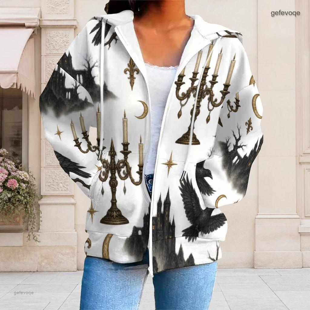 Women Plus Size Zip Up Long Sleeve Drawstring Hoodie White Dark Rose Bat Key Lock Printed Sweatshirt With Pockets