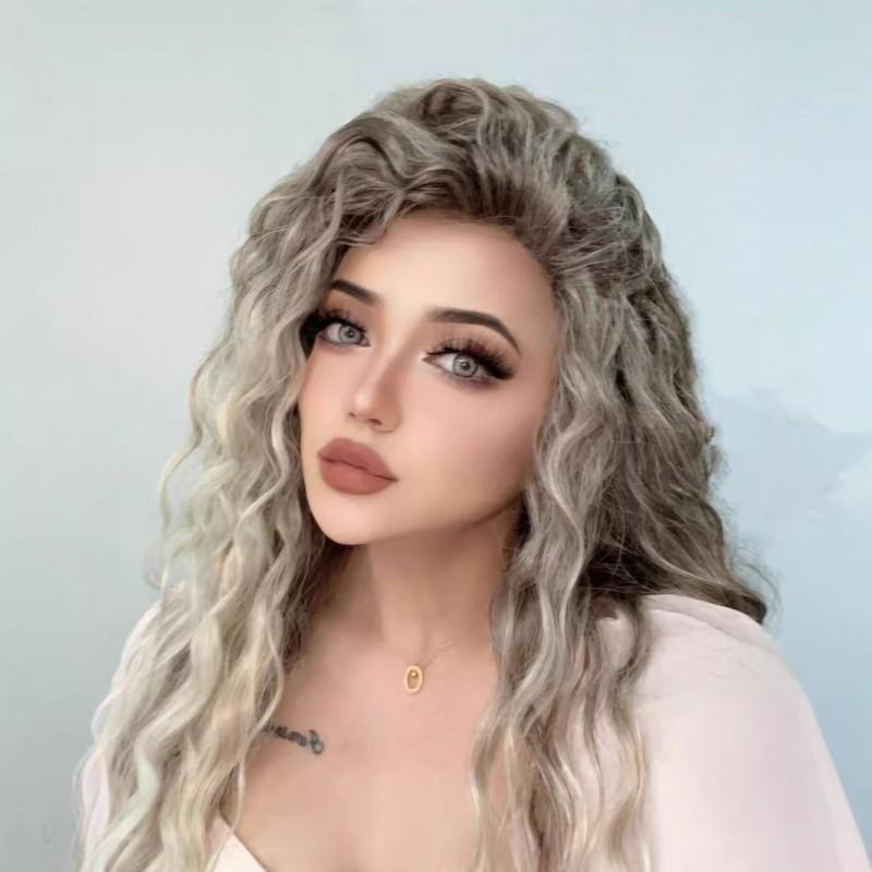 European American Wigs Women African Small Curl Long Chemical Fiber Headgear Gray Gold Partial Wig