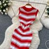 Sommer Frauen Ärmelloses Gestreiftes Gestricktes Quaste Schlank Bodycon Etuikleid Pullover Kleider