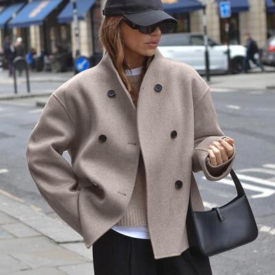 Chaqueta acolchada de lana estilo Bomber Vintage para mujer, abrigo de mezclas grueso con doble botonadura, prendas de vestir de manga larga para otoño e invierno, lisas y cálidas