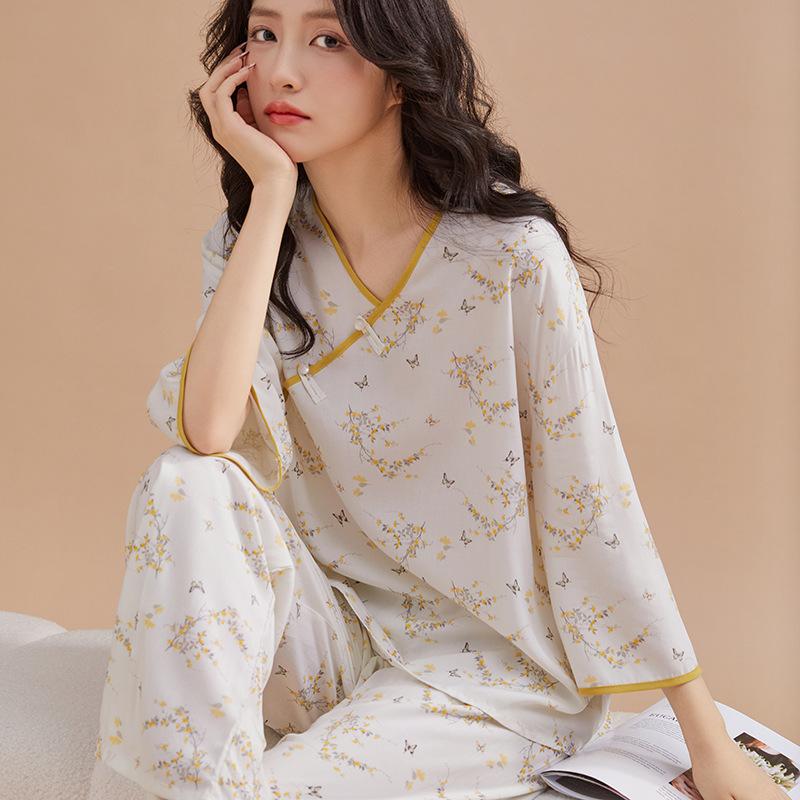 Classical national style new Chinese pajamas women's spring, summer and autumn new cotton silk disc buckle sweet loungewear hanfu two-piece set