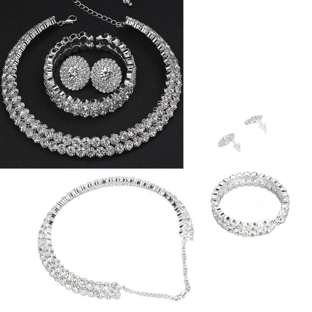 Bridal Jewelry Set Stylish Elegant Rhinestone Necklace Bracelet Earrings for Wedding Prom Engagement
