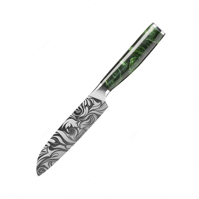 Stainless Steel Santok Knife Green Resin Handle Cutting Meat Vegetables and Fruits Exquisite Laser Pattern Household Kitchen Knife