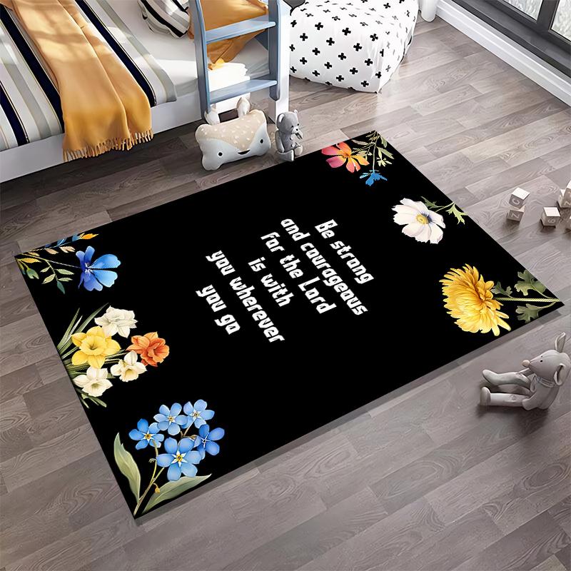 "Floral Courageous Bible Verse Rug - Non-slip Rug Suitable for Living Room and Bedroom Sofas"