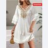 Women's Casual Floral Embroidered Round Neck Dress with Lace Trim Hem & Ruffled Short Sleeves Floral Print Dress