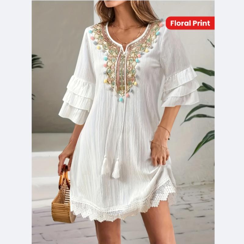 Women's Casual Floral Embroidered Round Neck Dress with Lace Trim Hem & Ruffled Short Sleeves Floral Print Dress