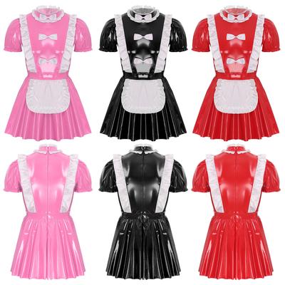 Robe de soubrette sissy pour homme Volants Garnitures Nœud Tablier Manches bouffantes Robe trapèze