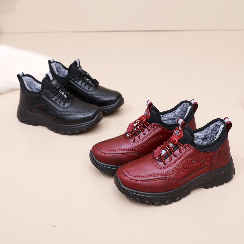 Warme, mit Fleece gefütterte Damenschuhe für den Winter, Kunstleder, mit Fell gefütterte Schnür-Sneaker für Damen, Outdoor-Schneeschuhe mit Slip-on-Sohle