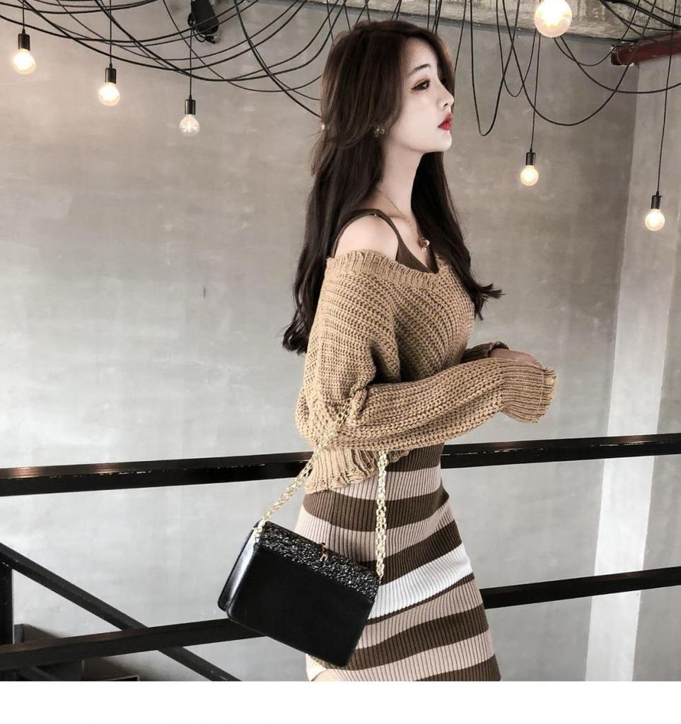 2025 Autumn/Winter Korean Retro Hyuna Two-Piece: V-Neck Sweater + Striped Skirt Dress