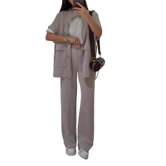 Women's Two Piece Outfit Casual Full And Wide Leg Pants Short Sleeve Shirt Set Casual