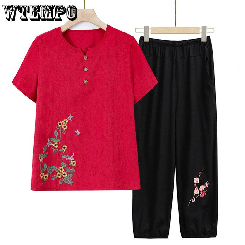 Sommer-Kurzarmanzug für Mütter und Omas, zweiteiliger Anzug aus Baumwolle und Leinen für ältere und mittlere Menschen, große Größen, T-Shirt und Oberteil, lässiger Hosenanzug