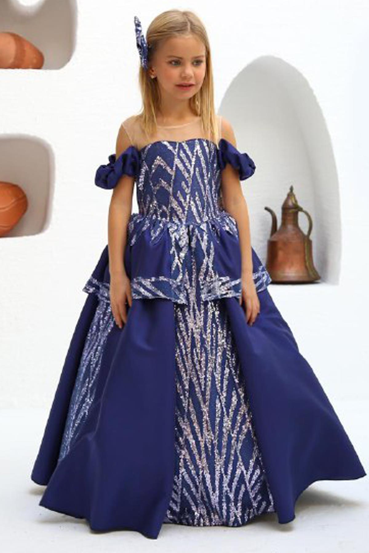 

Girls Navy Blue Evening Dress with Transparent Collar and Pulp Detail Ages 3-12