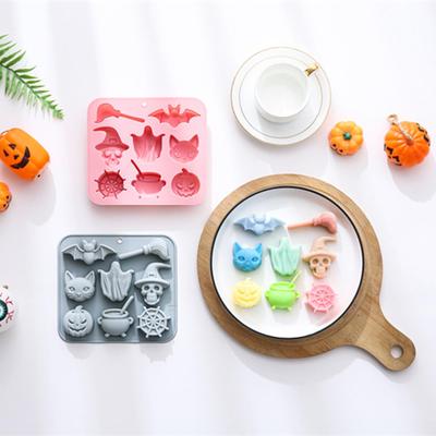 2 Stück Halloween-Themen Silikonformen Set Katze, Fledermaus, Geist, Skelett, Kürbis, Großer Topf, Spinnennetz-Muster Hausgemachte Kuchenform