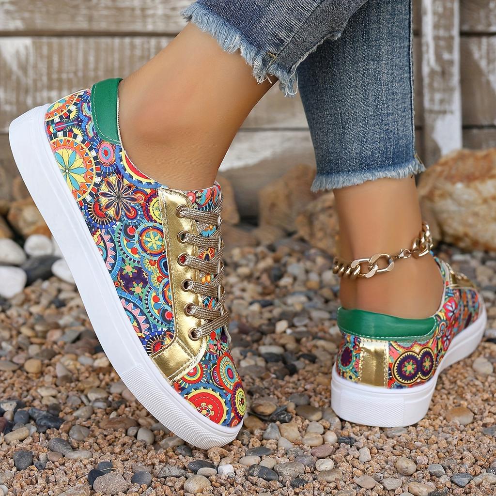 Comfortable Plus Size Women's Fashion Sneakers - Breathable Fabric, Floral Print, Lace-Up Low Tops with Non-Slip PU Cover Sole